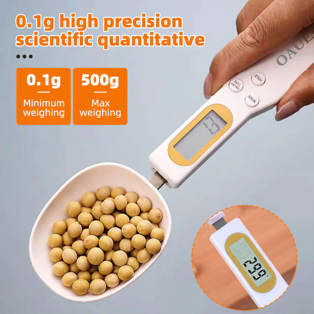 Digital kitchen scale measuring a bowl of beans with text indicating precision and weight range.