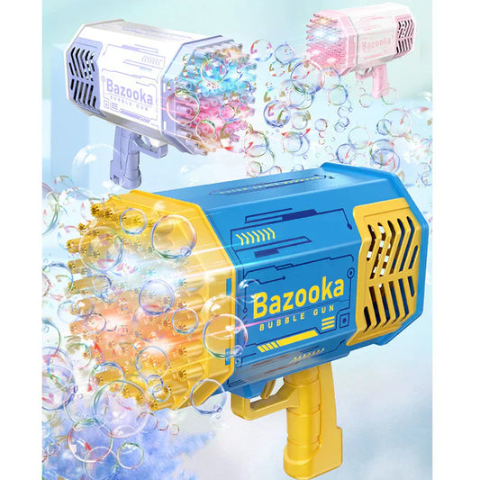 Bubble gun with colorful bubbles on a light blue background