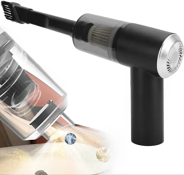 Black handheld vacuum cleaner with attachments on a white background