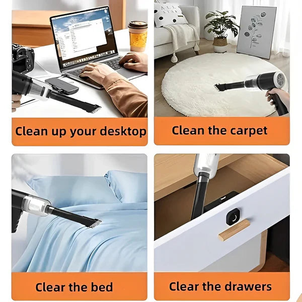 Four scenarios showing a vacuum cleaner being used to clean different surfaces with text labels.