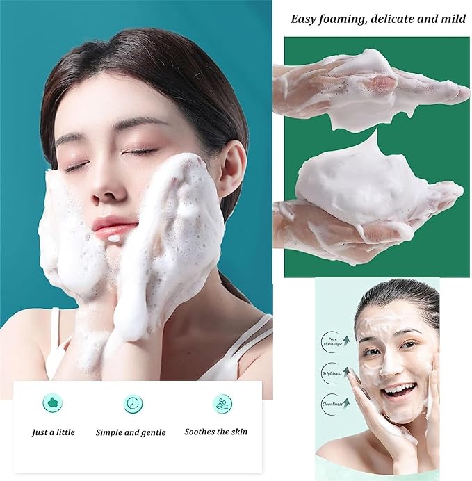 Woman applying foamy cleanser to her face with close-up shots of the product and text on a teal background.