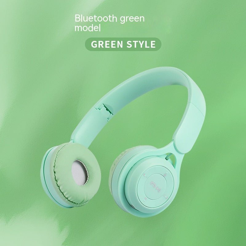 Green Bluetooth headphones on a green background with text indicating 'Bluetooth green model' and 'Green Style'.