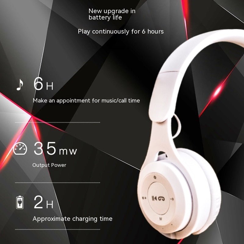 White headphones with battery life and feature information on a black background