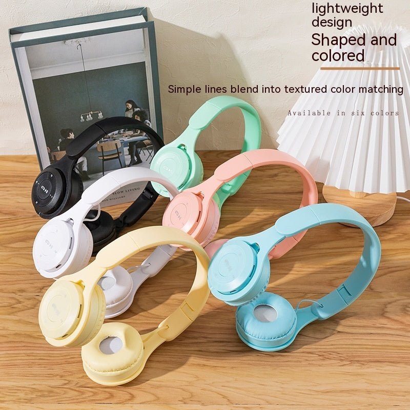 Colorful headphones on a wooden surface with text describing design and color matching.