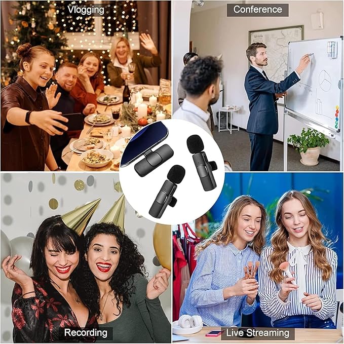 Collage of people in various settings with a focus on microphones for vlogging, conference, recording, and live streaming.