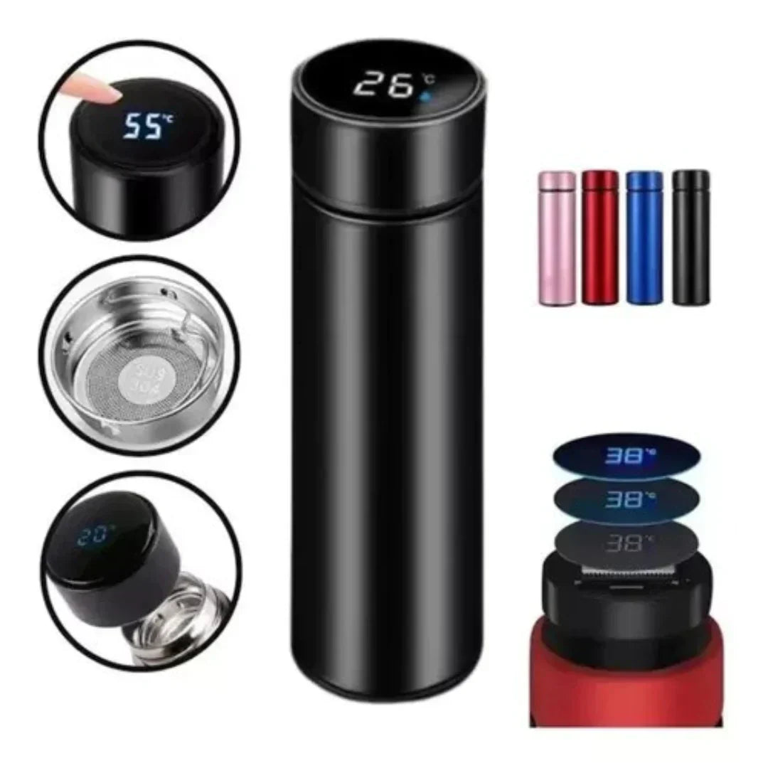 Black thermos bottle with digital temperature display and color options shown.